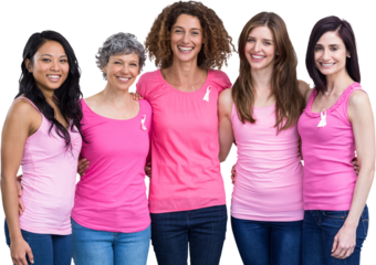 Portrait of happy females in pink outfits with arm around posing for breast cancer awareness