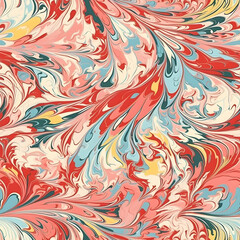 Ebru paintinfg texture seamless pattern. Blue, red, white abstract background. Seamless liquid fluid. Mrbling style effect. Generative AI