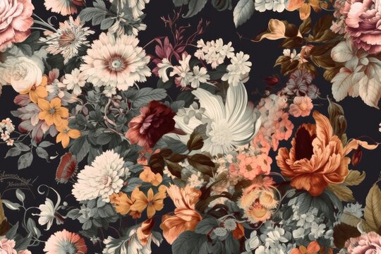 colorful floral wallpaper pattern with various flowers and green leaves. Generative AI