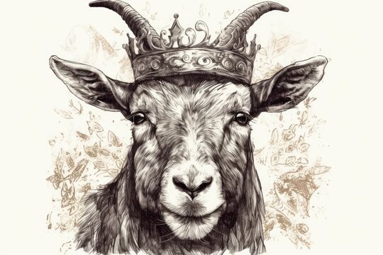 regal goat wearing a crown on its head. Generative AI