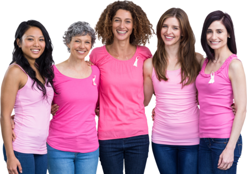 Portrait of happy females in pink outfits with arm around posing for breast cancer awareness