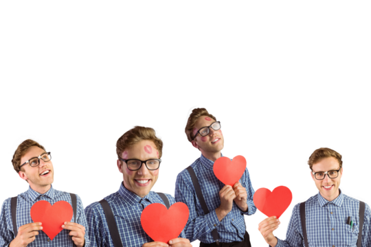 Multiple image of happy man holding heart and lipstick marks on face - Powered by Adobe