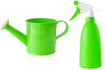 Green watering can and spray bottle for plant care, isolated.