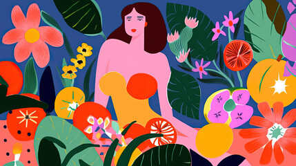 Pattern with woman, flowers, fruits and plants in matisse style. Background with trendy doodle abstract elements. Natural random matisse shapes. Generative AI