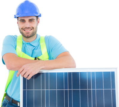Happy worker leaning on solar panel
