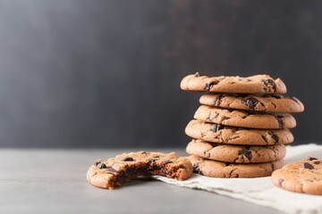 chocolate chip cookie, stack of chocolate chip cookies on a wooden table, chocolate chip cookies on top of white dish towel on a white wooden table