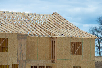 installation of rafters of a plywood house building wall studs wooden