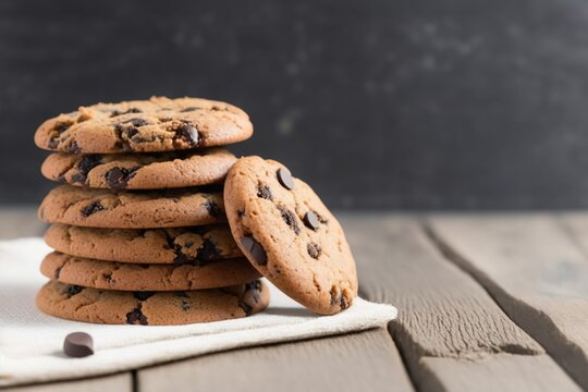stack of chocolate chip cookies on a wooden table, chocolate chip cookies on top of white dish towel on a white wooden table