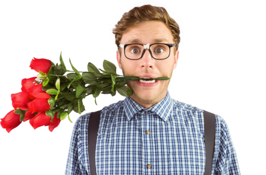 Geeky hipster biting a bunch of roses - Powered by Adobe