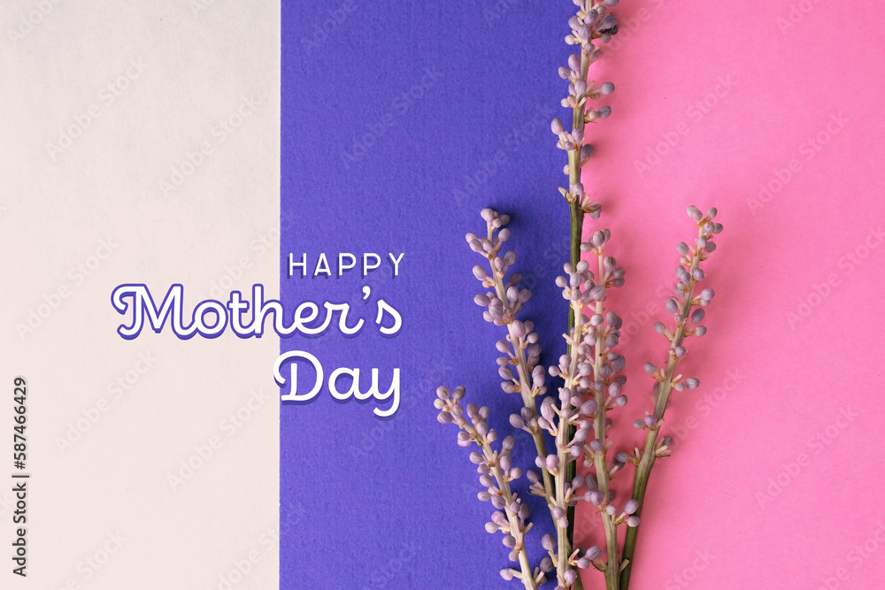 Poster Happy Mothers day holiday background with purple flowers as flat lay celebration. - Posters