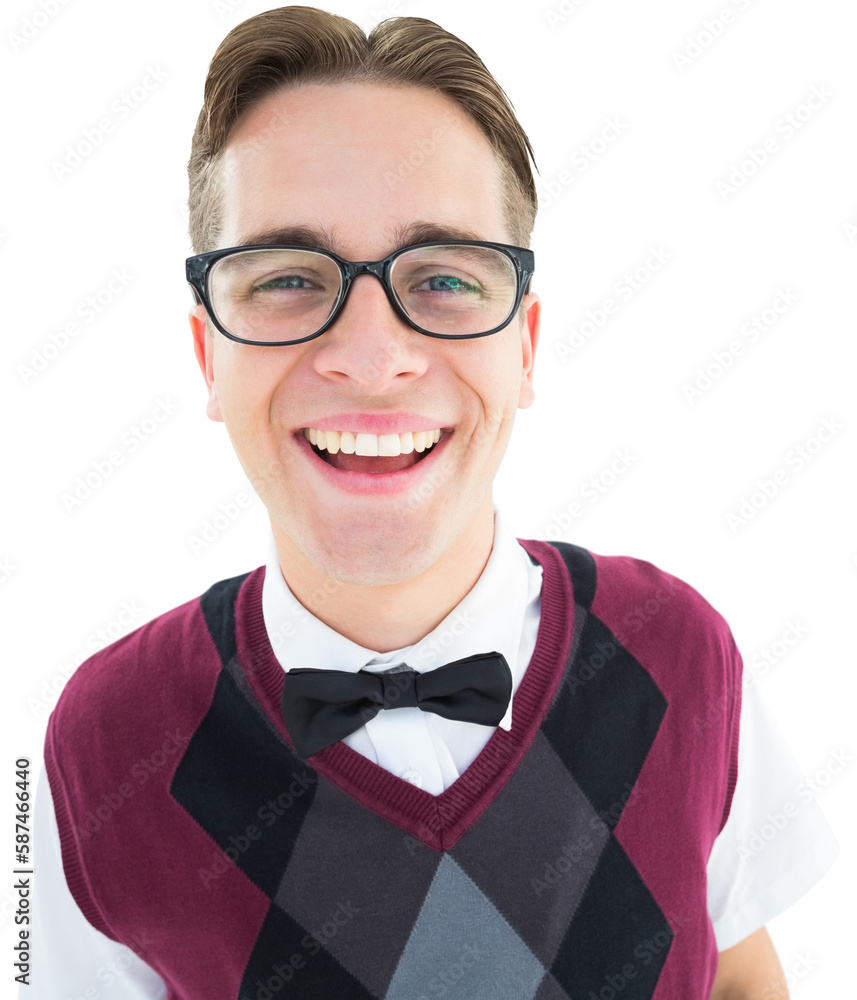 Poster smiling geeky hipster looking at camera