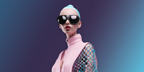 Fototapeta premium beautiful science fiction woman with black futuristic sunglasses in a pink high fashion dress, fictional person created with generative ai