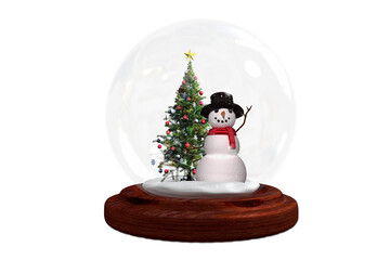 Snowman and christmas tree in snow globe
