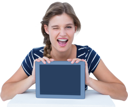 Woman showing tablet pc  - Powered by Adobe