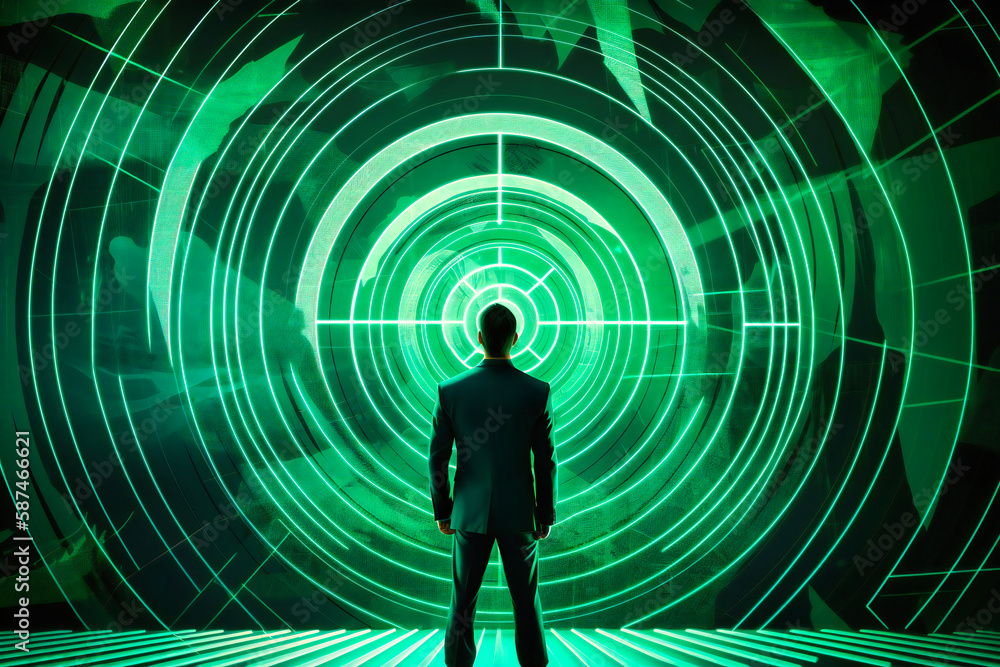 Poster abstract image of a businessman standing in front of a large target symbol, indicating the concept o