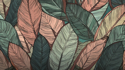 Tropical analia palm leaf Wallpaper, Luxury nature leaves pattern design, Hand drawn outline design for fabric, print, cover, banner and invitation, Generative AI