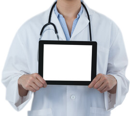 Midsection of female doctor holding digital tablet