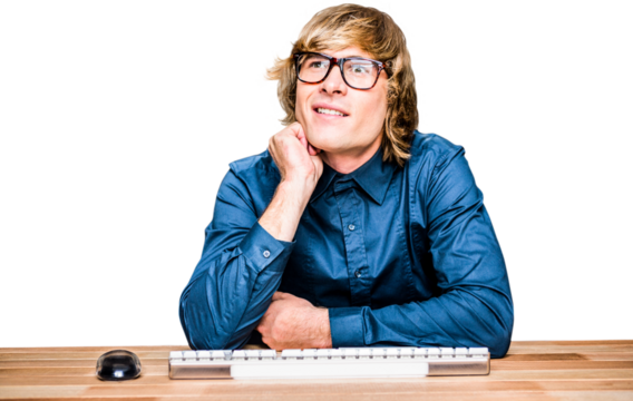 Smiling thoughtful hipster businessman