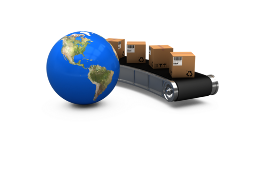 3D image of planet Earth by cardboard boxes on production line - Powered by Adobe