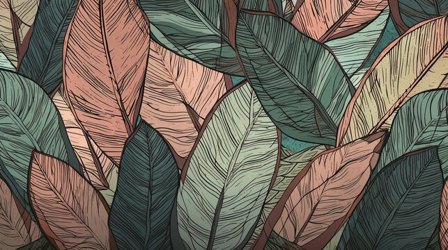 Tropical analia palm leaf Wallpaper, Luxury nature leaves pattern design, Hand drawn outline design for fabric, print, cover, banner and invitation, Generative AI