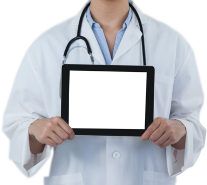 Midsection of female doctor holding digital tablet
