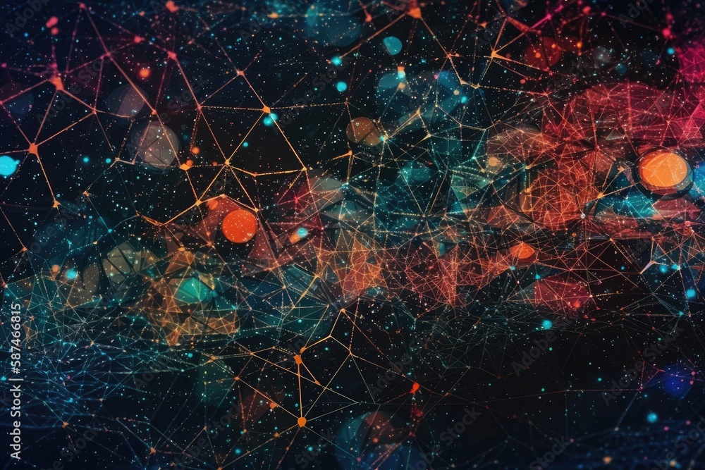 Poster colorful lines and dots on a dark background. generative ai