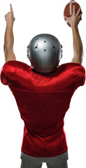 Rear view of American football player with arms raised