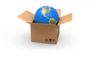 Composite image of globe in cardboard box