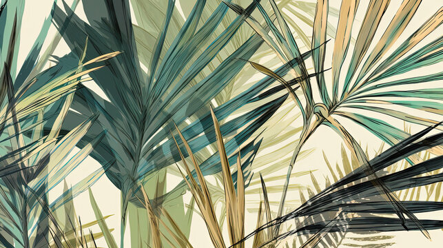 Tropical aneca palm leaf Wallpaper, Luxury nature leaves pattern design, Hand drawn outline design for fabric, print, cover, banner and invitation, Generative AI
