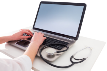 Businesswoman running computer diagnostics