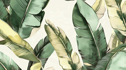 Tropical banana palm leaf Wallpaper, Luxury nature leaves pattern design, Hand drawn outline design for fabric, print, cover, banner and invitation, Generative AI
