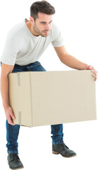 Courier man picking up cardboard box