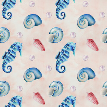 Watercolor seamless pattern with sea horses, shells and pearls. Hand painting clipart underwater life objects on a white isolated background. For designers, decoration, postcards, wrapping paper