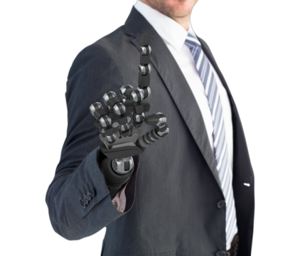 Computer graphic image of businessman with robotic hand