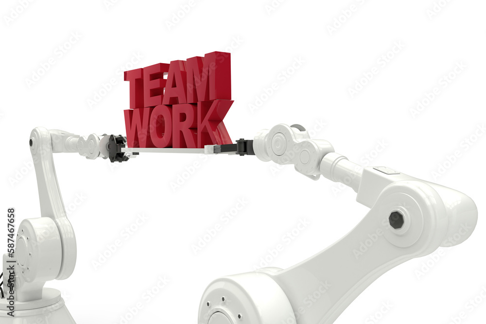 Poster digitally generated image of mechanical robotic hands holding red team work text