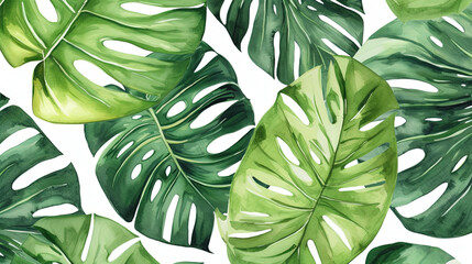 Tropical monstera palm leaf Wallpaper, Luxury nature leaves pattern design, Hand drawn watercolor design for fabric, print, cover, banner and invitation, Generative AI