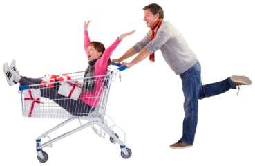 Man pushing woman in trolley