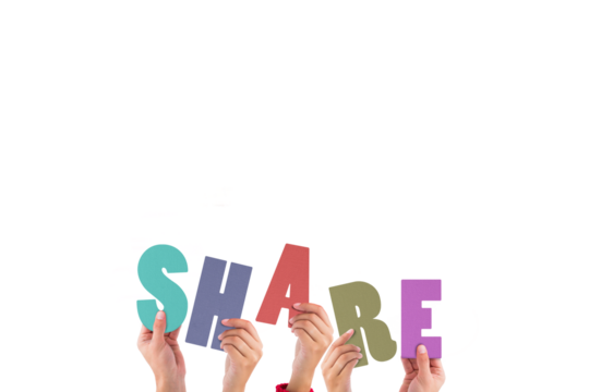 Colorful alphabet spelling share held up by people 