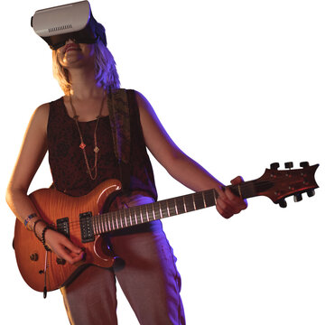Young woman playing guitar while wearing virtual reality simulator