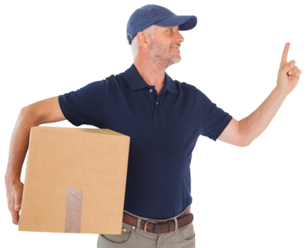 Happy delivery man holding cardboard box and pointing up - Powered by Adobe