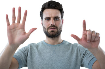 Man gesturing against white background