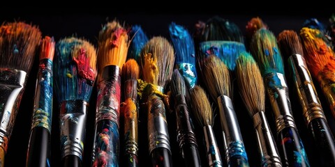 Multicolored brushes on a black background, close-up. Drawing concept. AI generated