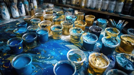 Colored jars of paint on the table. Spilled paints. AI generated