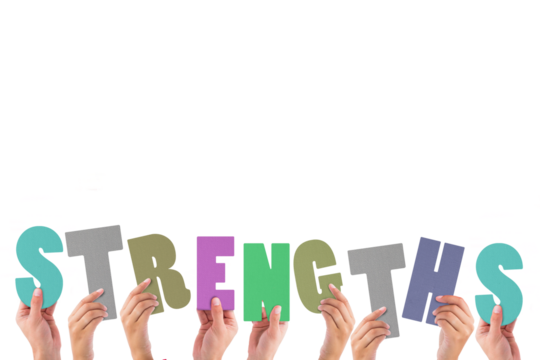Colorful alphabet spelling strengths held up by people