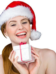 Fototapeta premium Pretty girl in santa costume holding gift box