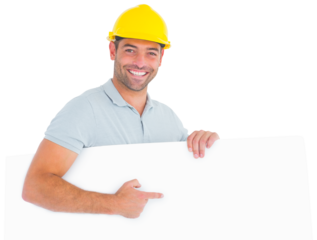 Foreman pointing at blank board on white background