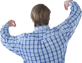 Rear view of businessman advertising imaginary product during presentation