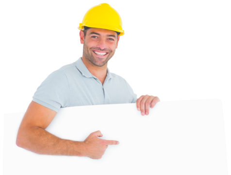 Foreman pointing at blank board on white background