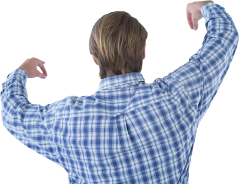 Rear view of businessman advertising imaginary product during presentation