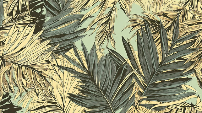 Tropical sago palm leaf Wallpaper, Luxury nature leaves pattern design, Hand drawn outline design for fabric , print, cover, banner and invitation, Generative AI